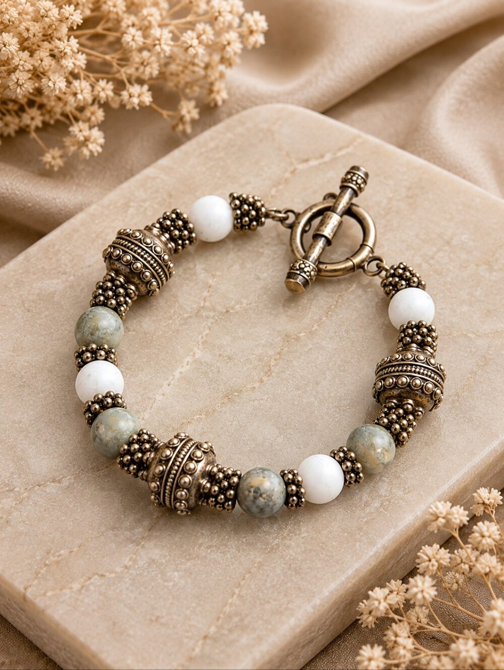 Artisan Sterling Silver Gemstone Toggle Bracelet Bali Boho Granulated CC